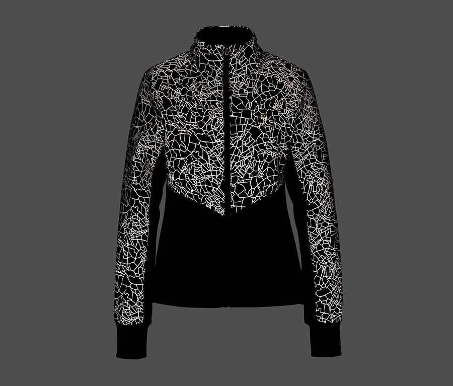Schwarze Thermojacke mit reflektierendem, weißen, geometrischem Muster.