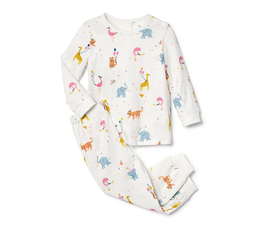Weißer Kinder-Pyjama mit Tiermotiven und Konfetti.