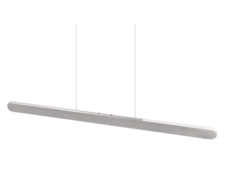 Eine silberne Trio LED-Pendelleuchte »Helios« hängt an Seilen.