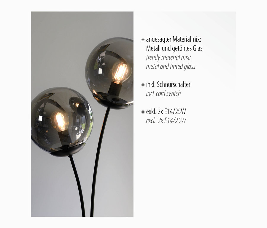 Zwei Glaskugeln der JUST LIGHT Tischleuchte »Big Widow« auf Metallstangen.