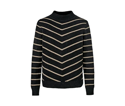 Gestreifter Strickpullover mit Stehkragen, schwarz.