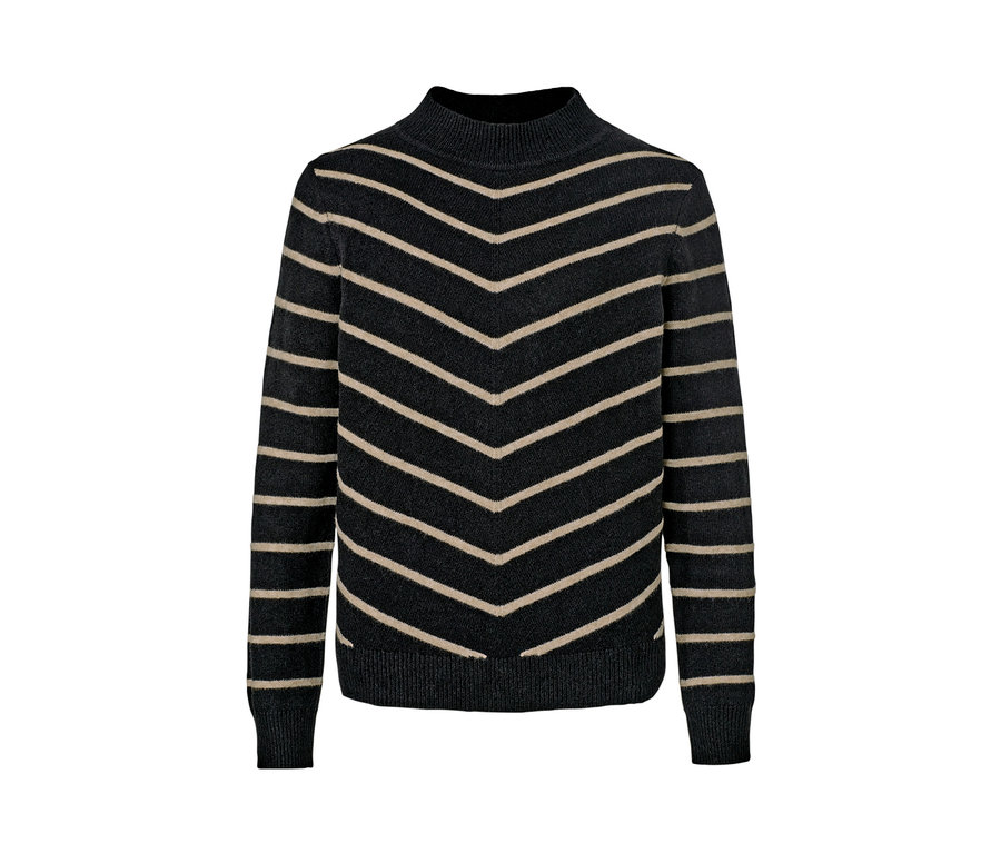 Gestreifter Strickpullover mit Stehkragen, schwarz.