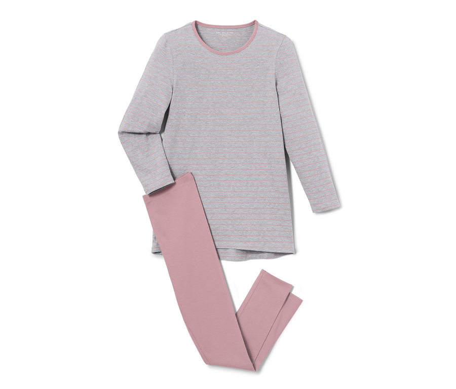 2 Kinder-Pyjamas, ein graues, gestreiftes Oberteil und eine rosafarbene Hose.