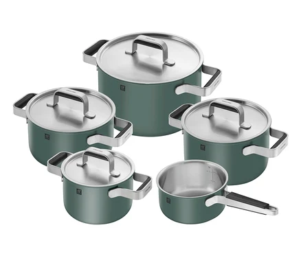 Grünes, 5-teiliges ZWILLING PURE Edelstahl-Kochgeschirr-Set.