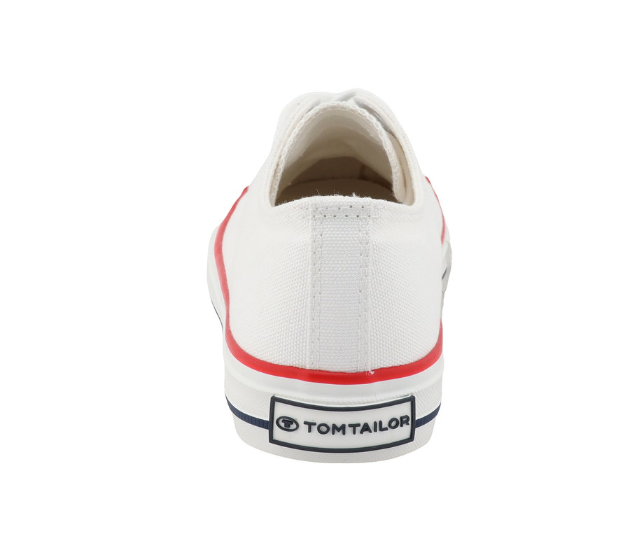 Rückansicht eines weißen Tom Tailor Sneaker Textil mit roten und blauen Details.