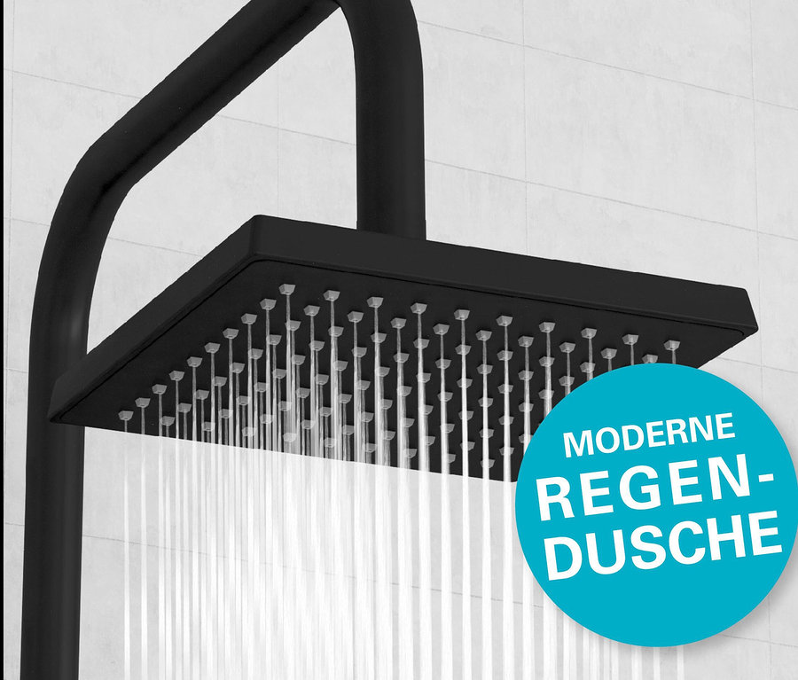 Wasser fließt aus dem schwarzen Überkopf-Brauseset „Easy Energy“.