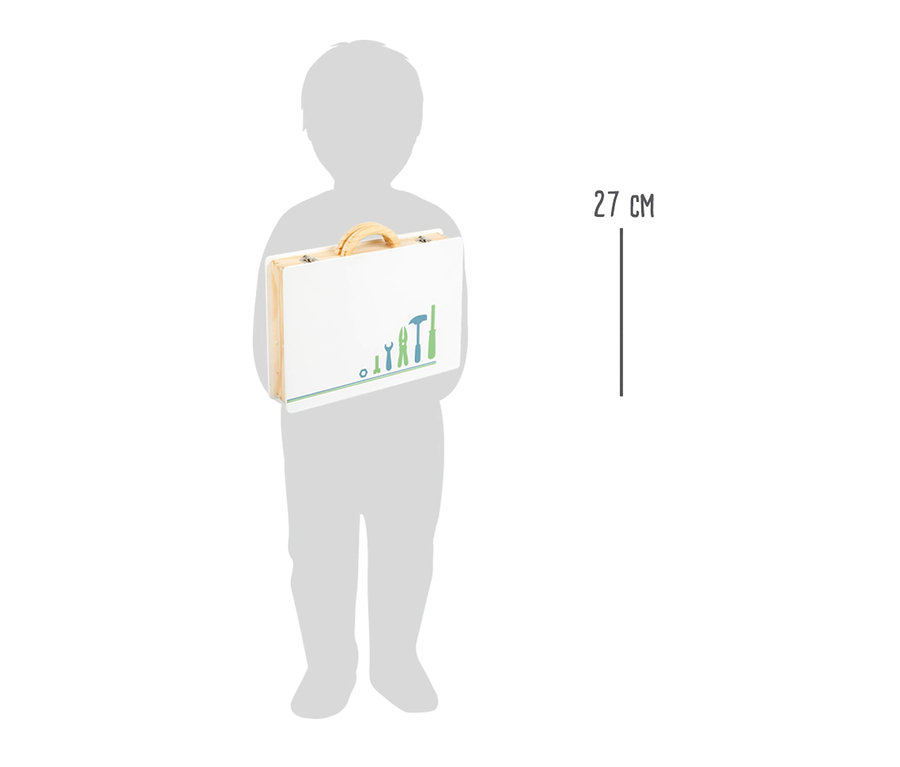 Graue Silhouette eines Kindes, das einen weißen Werkzeugkoffer »Nordic« von small foot hält.