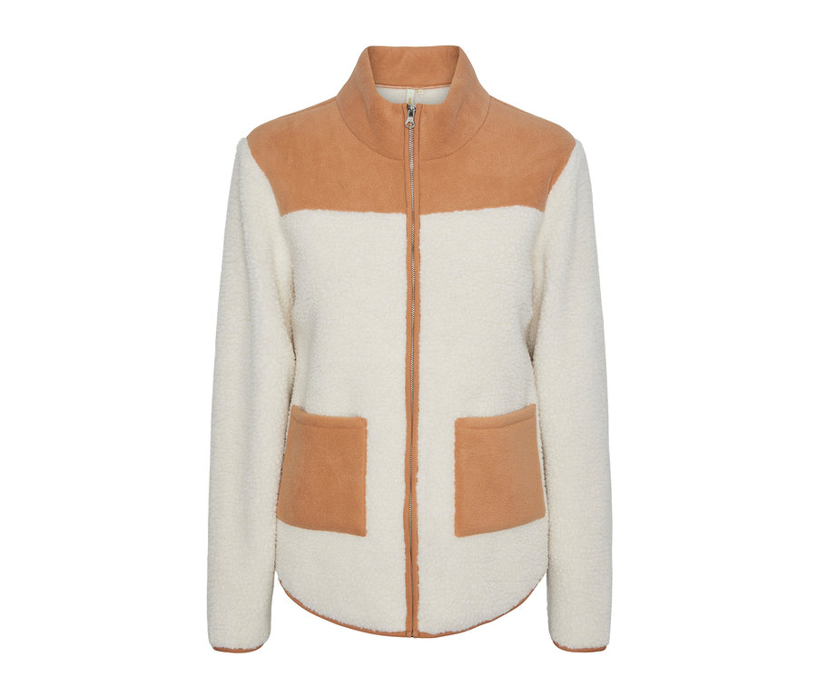 Weiße Teddy-Jacke mit braunen Details und Reißverschluss.