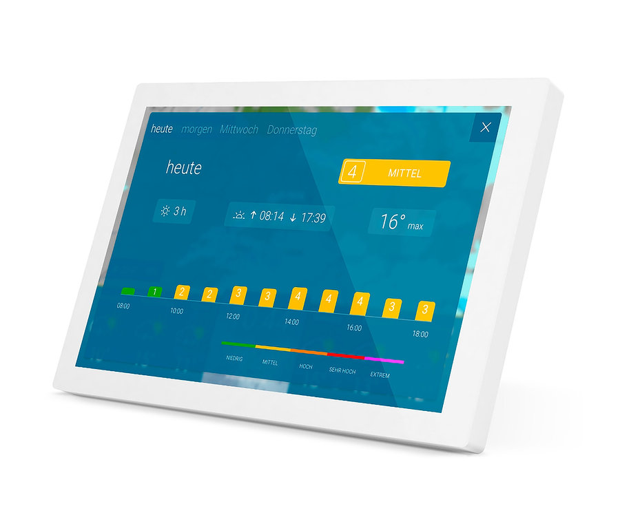 Das weiße WetterOnline WLAN-Wetter Display Home 3 zeigt eine Grafik mit Wetterdaten.