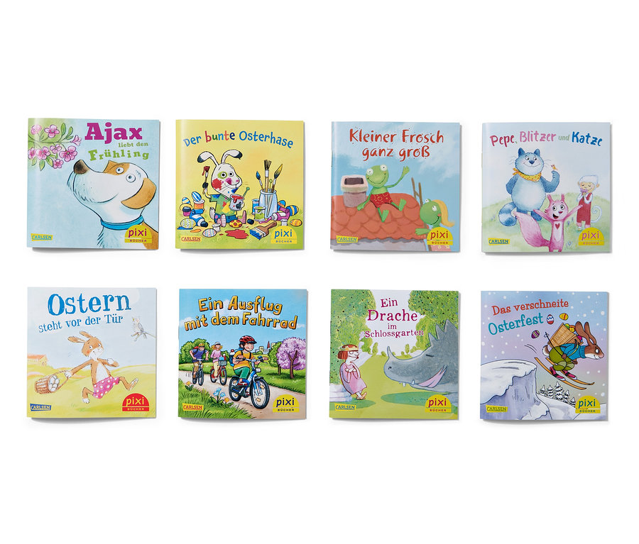 Acht Pixi-Kinderbücher sind sauber auf einem weißen Hintergrund angeordnet, darunter das Buch »Pixis bunte Osterdose«.