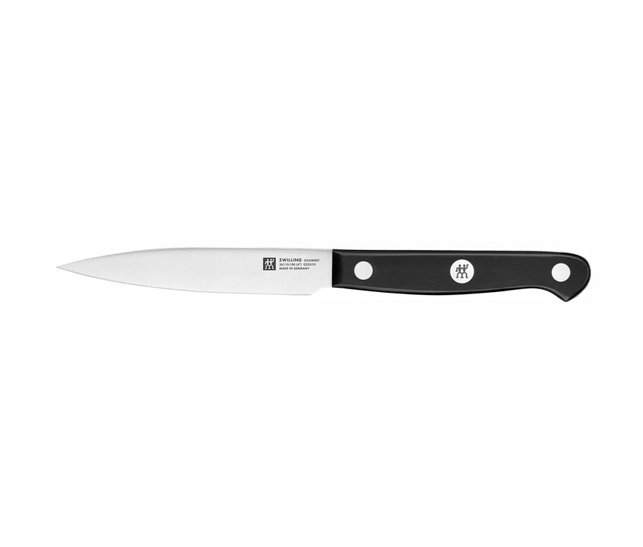 Ein ZWILLING Selbstschärfender Messerblock »Gourmet« Messer mit schwarzem Griff.