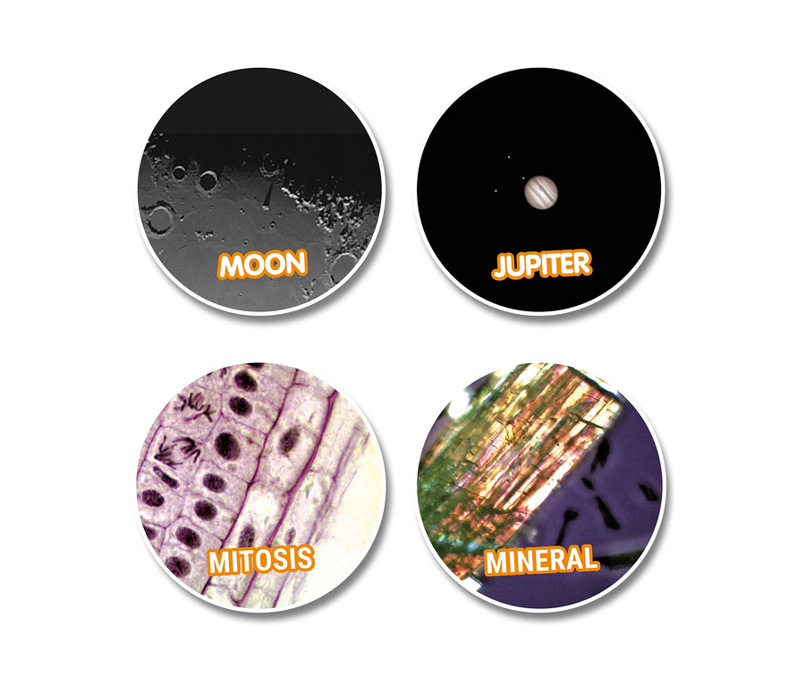 Vier kreisförmige Ausschnitte zeigen Mond, Jupiter, Mitose und ein Mineral. NATIONAL GEOGRAPHIC Kompakt-Teleskop und Mikroskop mit Smartphonehalterung.