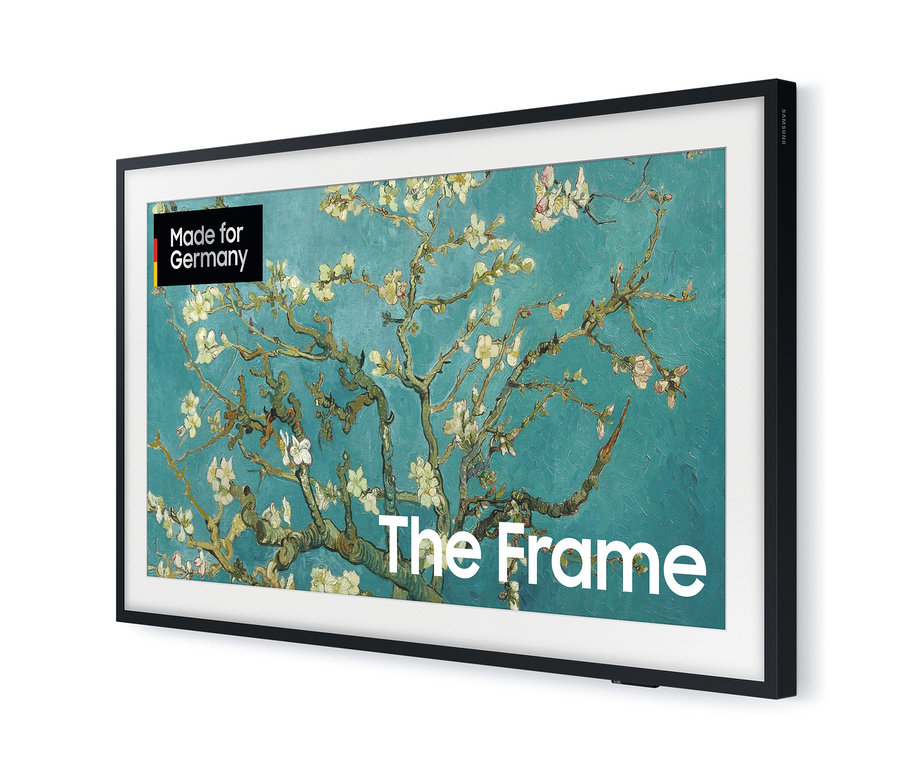 Schwarzer Samsung »The Frame GQ32LS03CBUXZG« QLED-Smart-TV, 32" zeigt ein Kunstwerk.