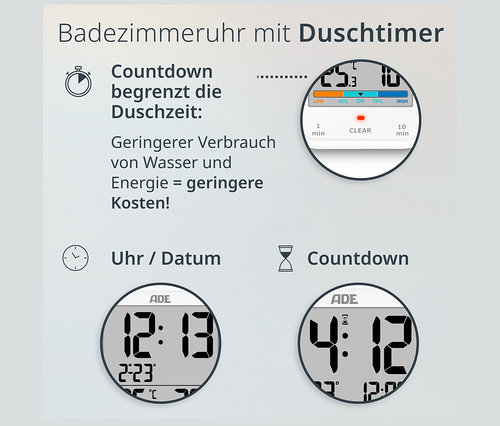 Digitale Badezimmeruhr von ADE mit Hygrometer und Thermometer zeigt Zeit, Datum, Countdown und Luftfeuchtigkeit.