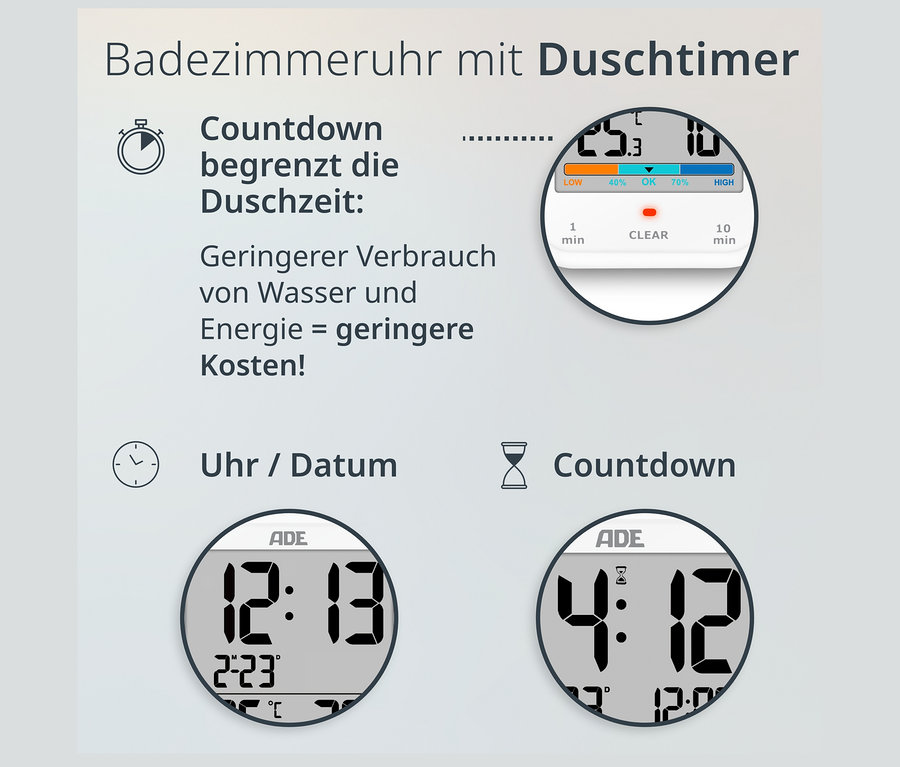 Digitale Badezimmeruhr von ADE mit Hygrometer und Thermometer zeigt Zeit, Datum, Countdown und Luftfeuchtigkeit.