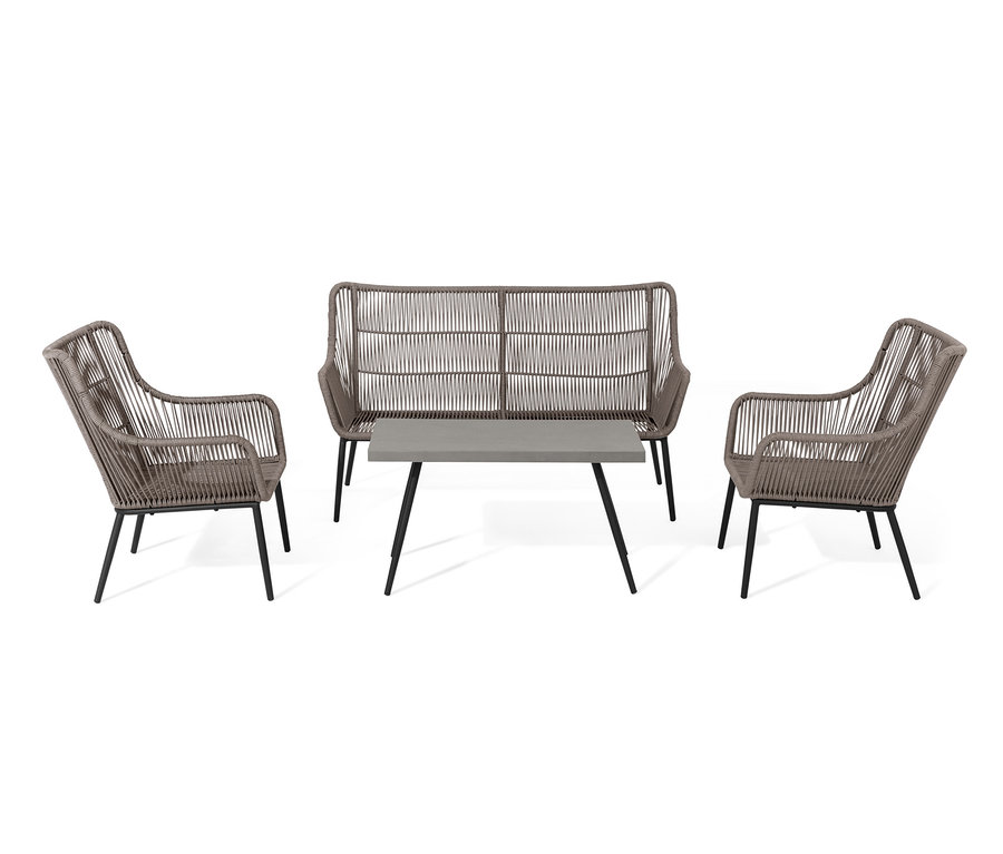 Lounge-Set mit Textilgeflecht, bestehend aus zwei Sesseln, einem Sofa und einem Tisch.