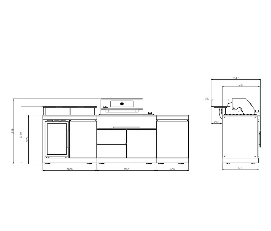 Technische Zeichnung einer Buschbeck Premium Outdoor-Küche mit Grillfunktion.