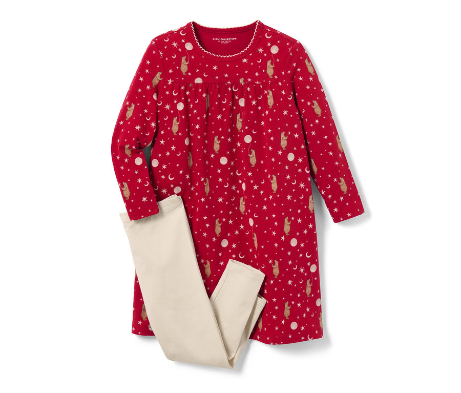 Ein Kinder-Nachthemd mit Leggings, rot mit Bären-, Stern- und Mondmuster.