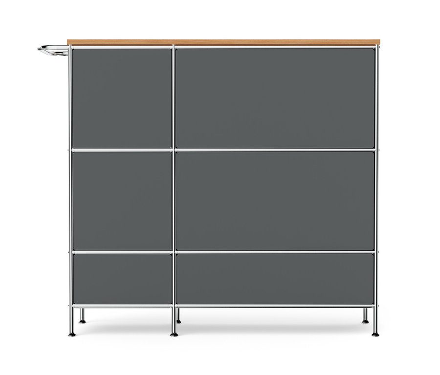 Graues Sideboard Metall »CN3« mit Holzplatte, einem Klappenfach und vier Schubladen.