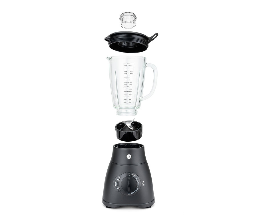 Ein zerlegter, schwarzer WILFA Standmixer »XPLODE AUTO« mit einem 1,8 l Glasbehälter.