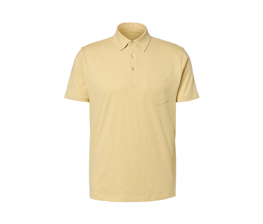 Gelb meliertes Jersey-Poloshirt mit Knöpfen und Tasche.
