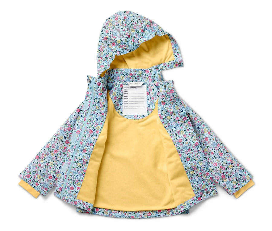 Geöffnete Kinder-Regenjacke, geblümt, mit gelbem Futter.