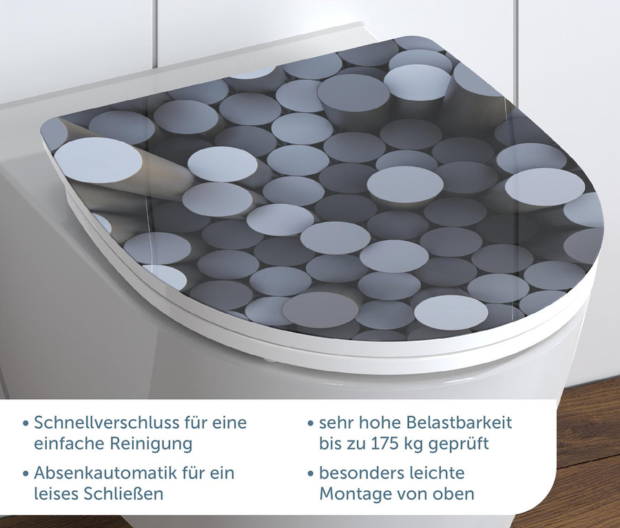SCHÜTTE Duroplast-High-Gloss-WC-Sitz »ROUND DIPS« auf einer Toilette.
