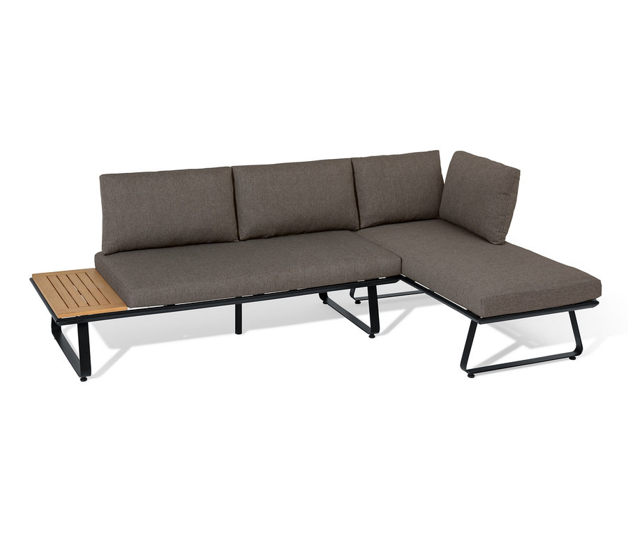 Eine Lounge-Ecke mit modernem Kufengestell und braunen Polstern ist auf weißem Grund zu sehen.
