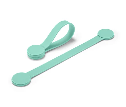 Zwei türkisfarbene Magnet-Clips liegen auf einem weißen Hintergrund.