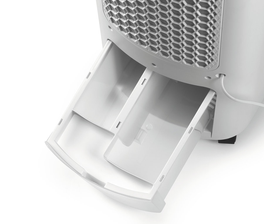 Detailaufnahme eines weißen Luftreinigers mit geöffneter Schublade.