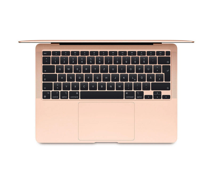 Detailansicht von oben eines geöffneten, goldfarbenen Apple Macbook Air Retina 13" (2020).