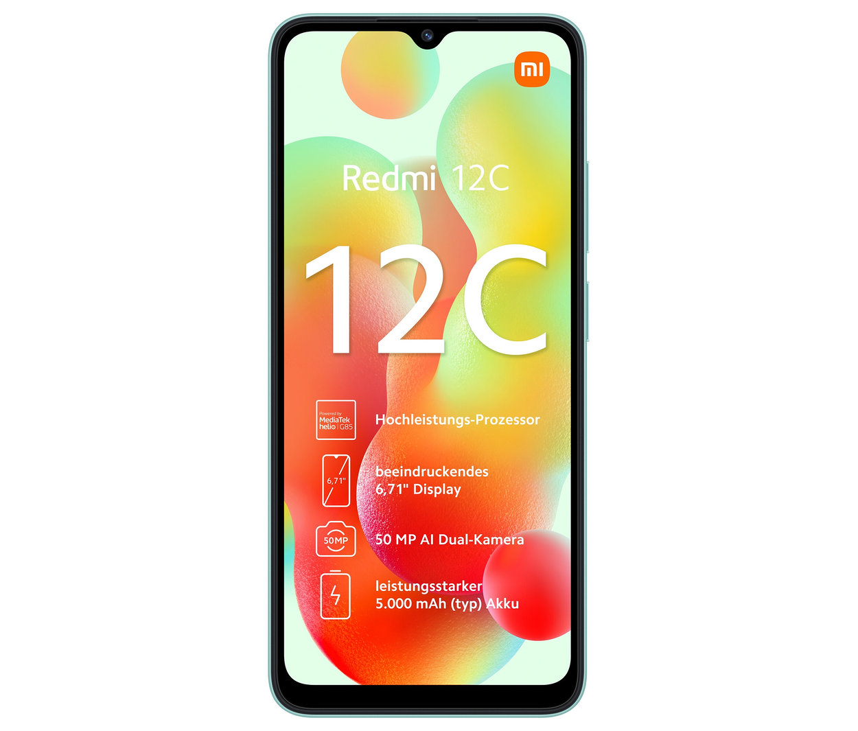 Ein grünes Xiaomi Redmi 12C Smartphone wird mit eingeschaltetem Display gezeigt.