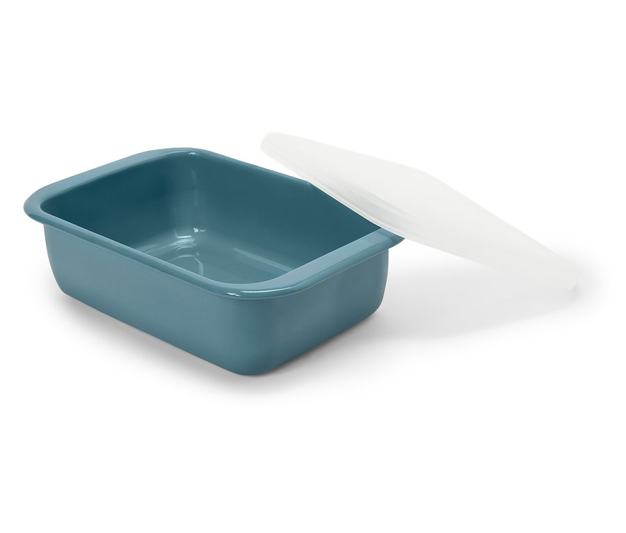 Blaue rechteckige Schale mit weißem Deckel.
