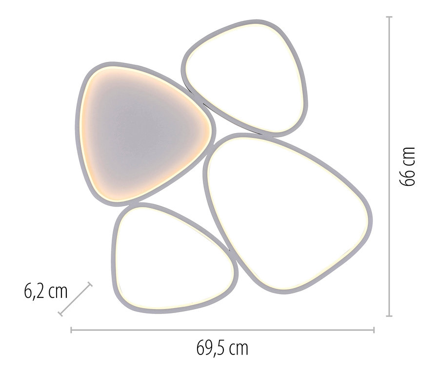Deckenleuchte mit fünf abgerundeten Dreiecken, eines leuchtet, Maße 69,5 x 66 x 6,2 cm.