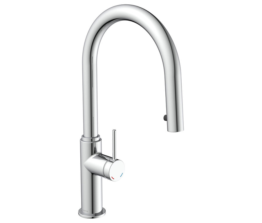 Verchromter Wasserhahn mit schwenkbarem Auslauf.