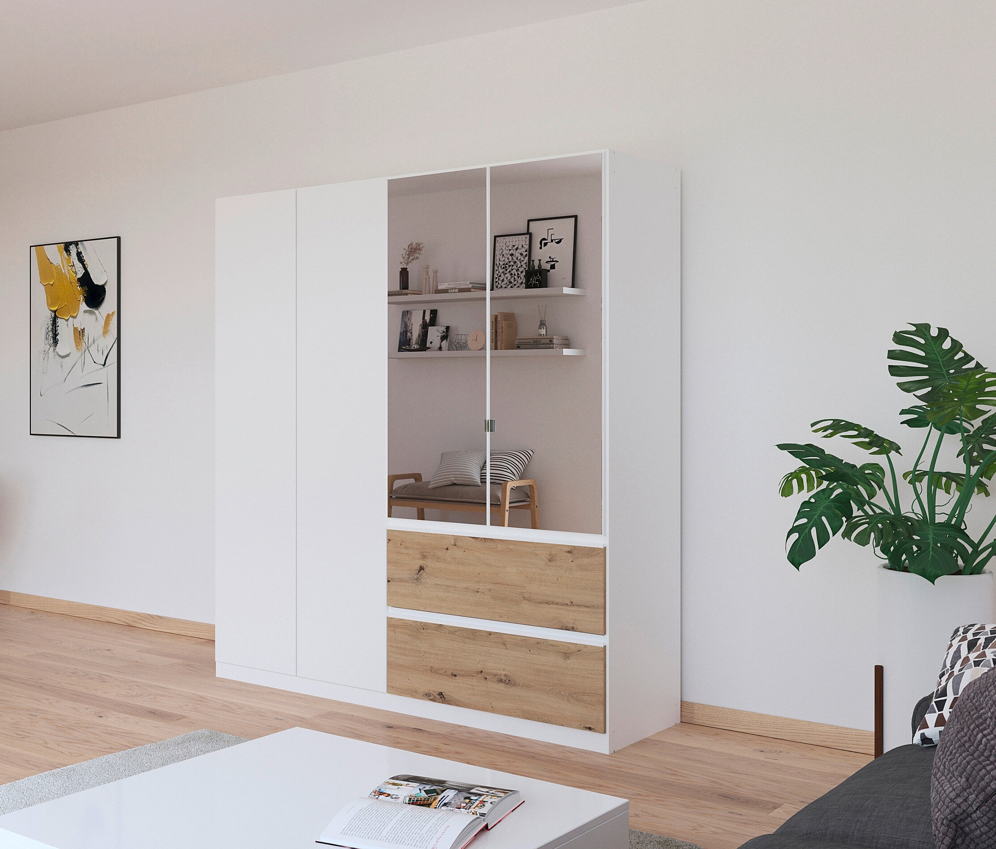 Wohnzimmer mit weißem Kleiderschrank mit Spiegel und Schubladen in Eiche Artisan, Schreibtisch und Sofa.