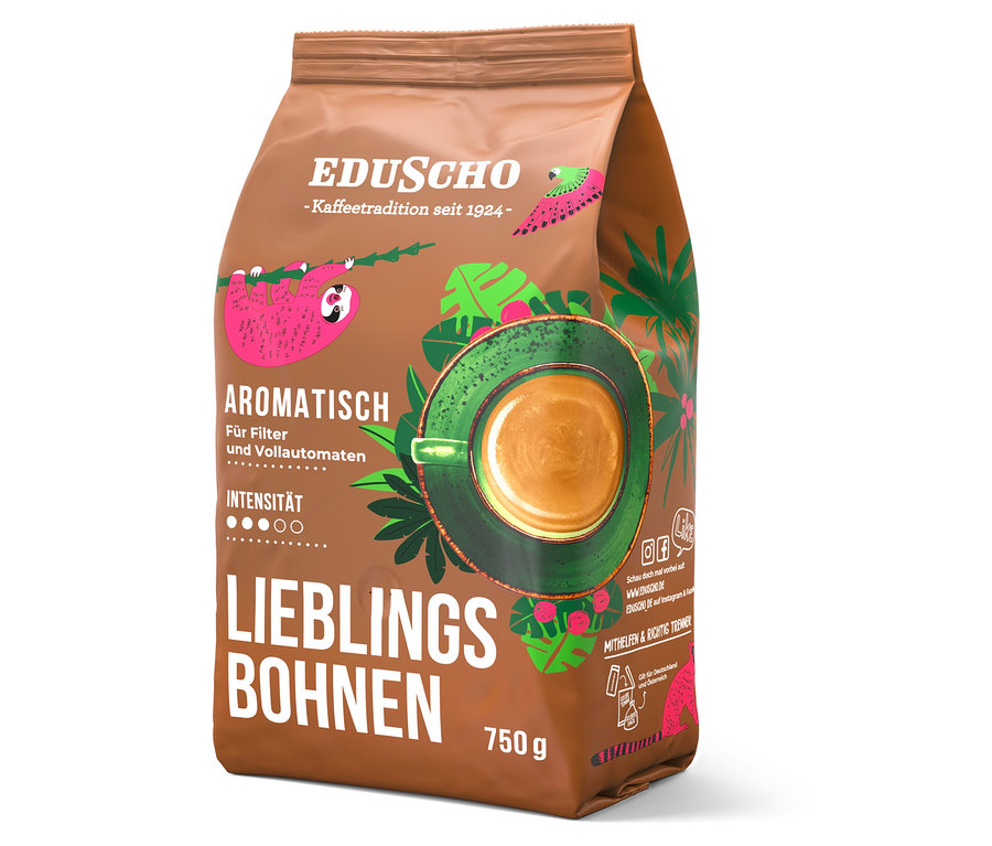 Eine Packung Eduscho Lieblingsbohnen Aromatisch 750g. Die Packung zeigt eine Tasse Kaffee, ein Faultier und den Schriftzug "Aromatisch".