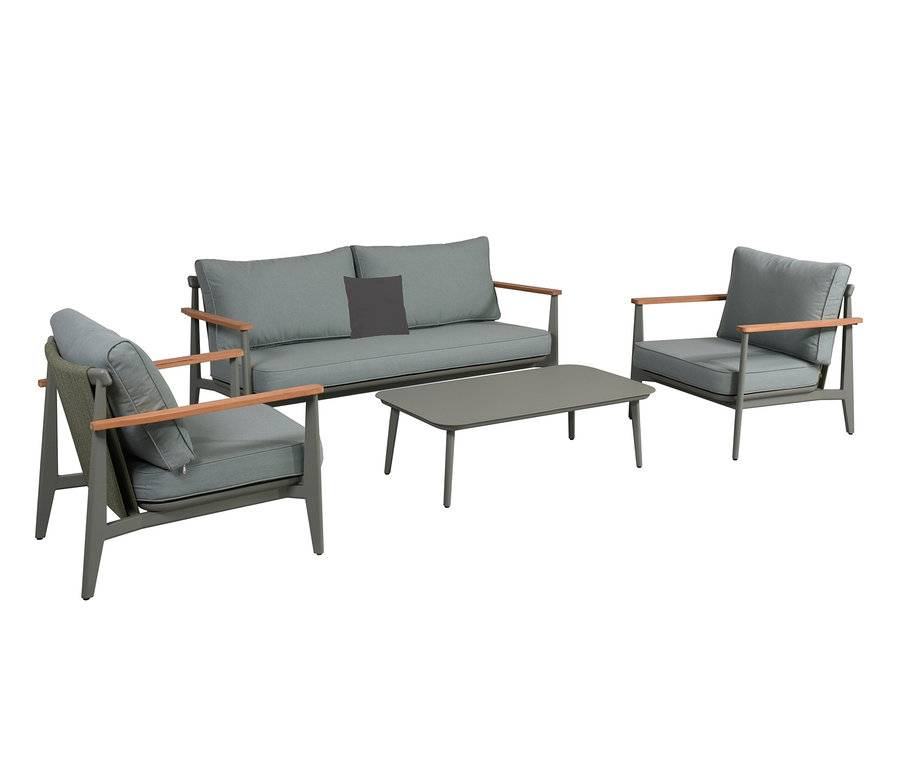 Graues Leco Lounge-Set inklusive Tisch mit Sofa und zwei Sesseln.