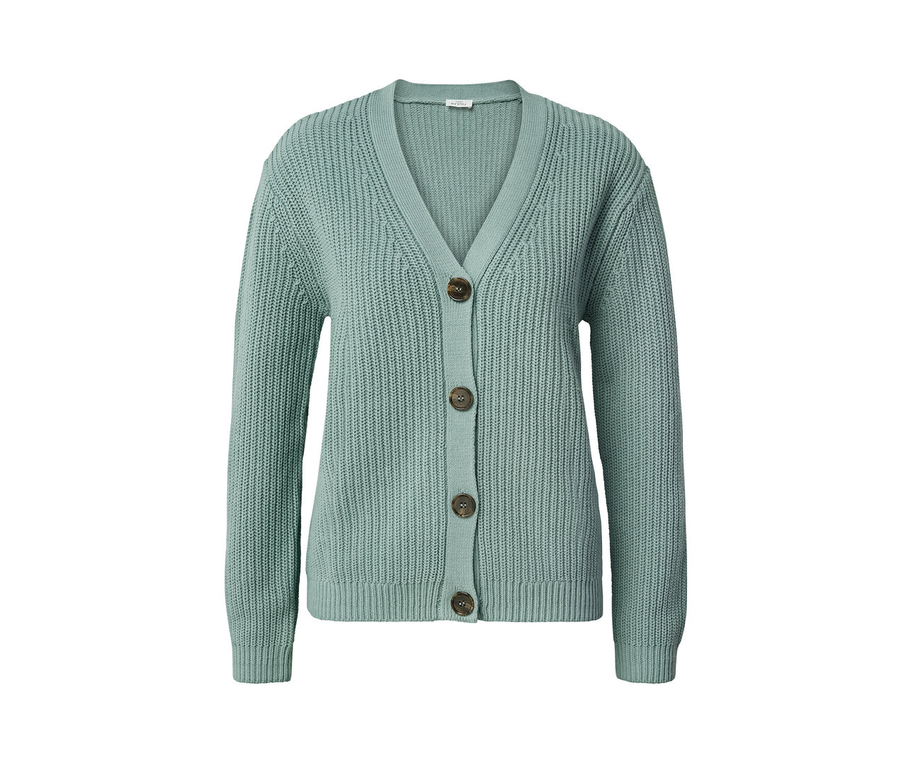 Salbeifarbener Grobstrick-Cardigan mit Knöpfen.