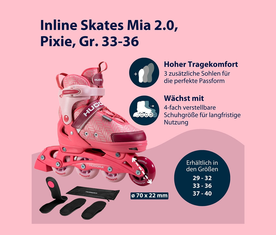 Rosa HUDORA Inline Skates »Mia 2.0« mit weißen Rollen und schwarzen Einlagen.