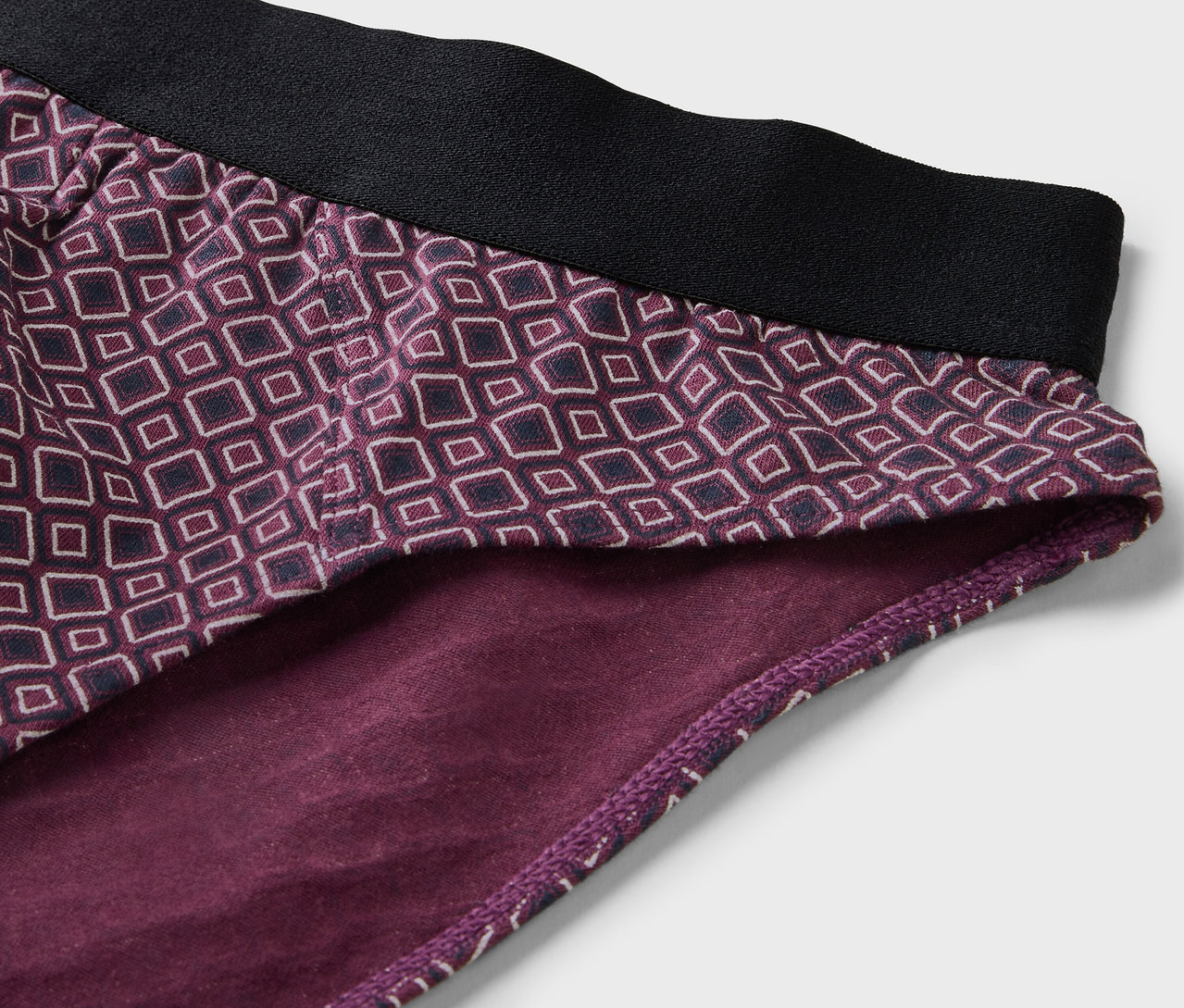 Detailansicht von 4 Slips mit geometrischem Muster und schwarzem Gummibund.