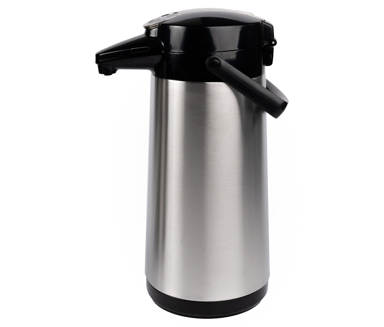 Eine silberne Pumpthermoskanne »Bonamat«, 2,2 l mit schwarzer Pumpe.