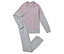 Graue Trainingshose und langärmeliges Shirt mit rosa Details liegen auf einem weißen Hintergrund.