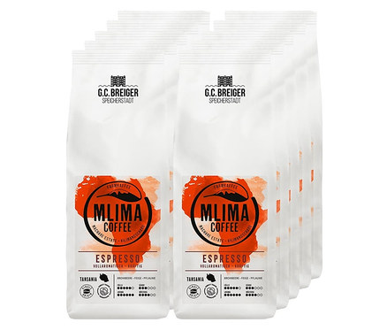Mehrere Packungen MLIMA Coffee - Espresso - 10x 500 g Ganze Bohne sind abgebildet.