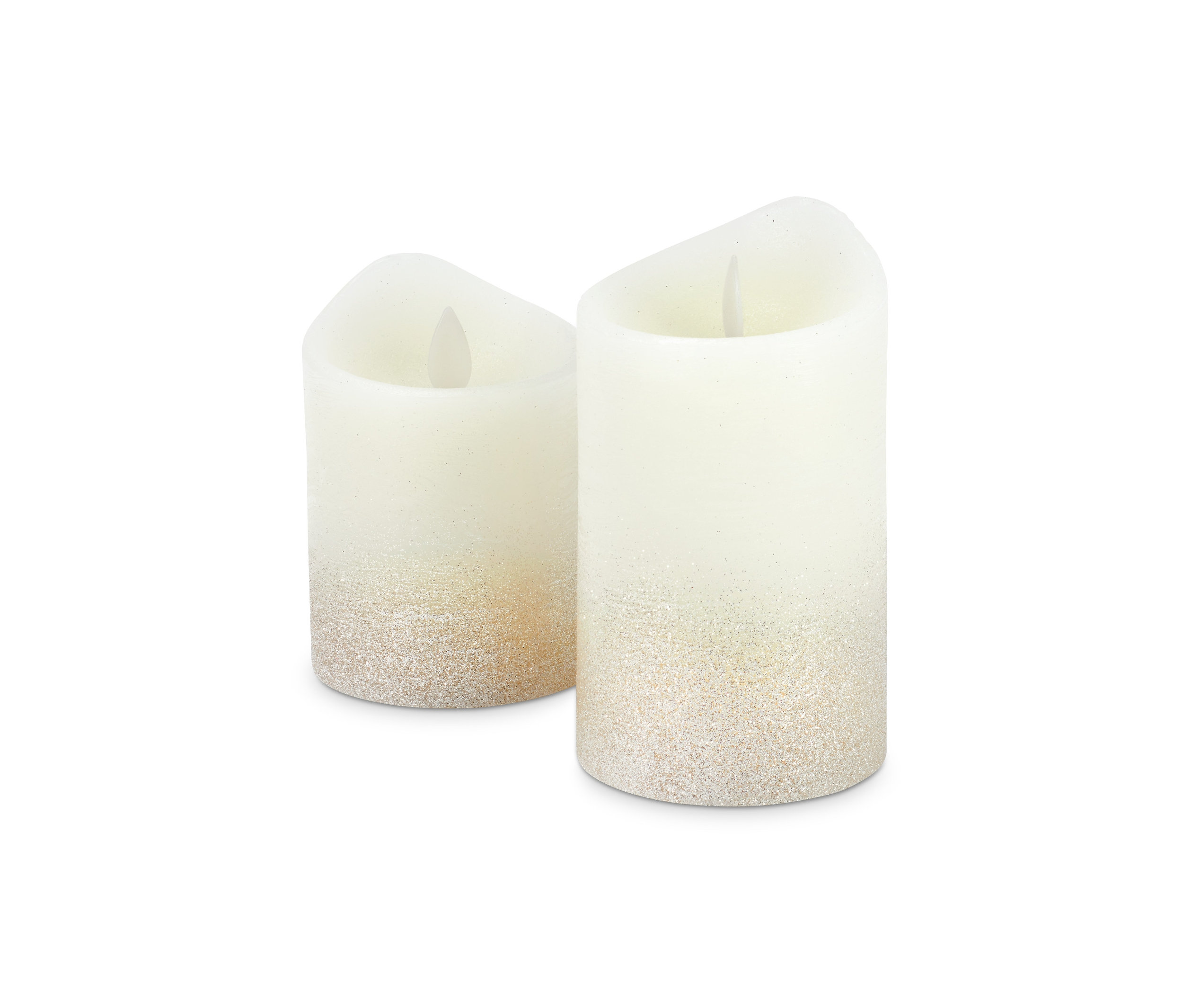 Zwei champagnergoldfarbene LED-Echtwachskerzen.