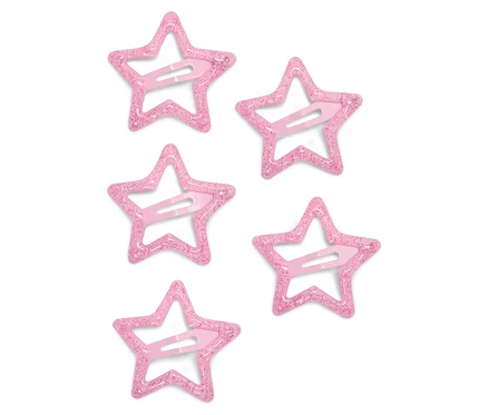 Fünf glitzernde, rosafarbene Haarspangen in Sternform auf weißem Hintergrund.