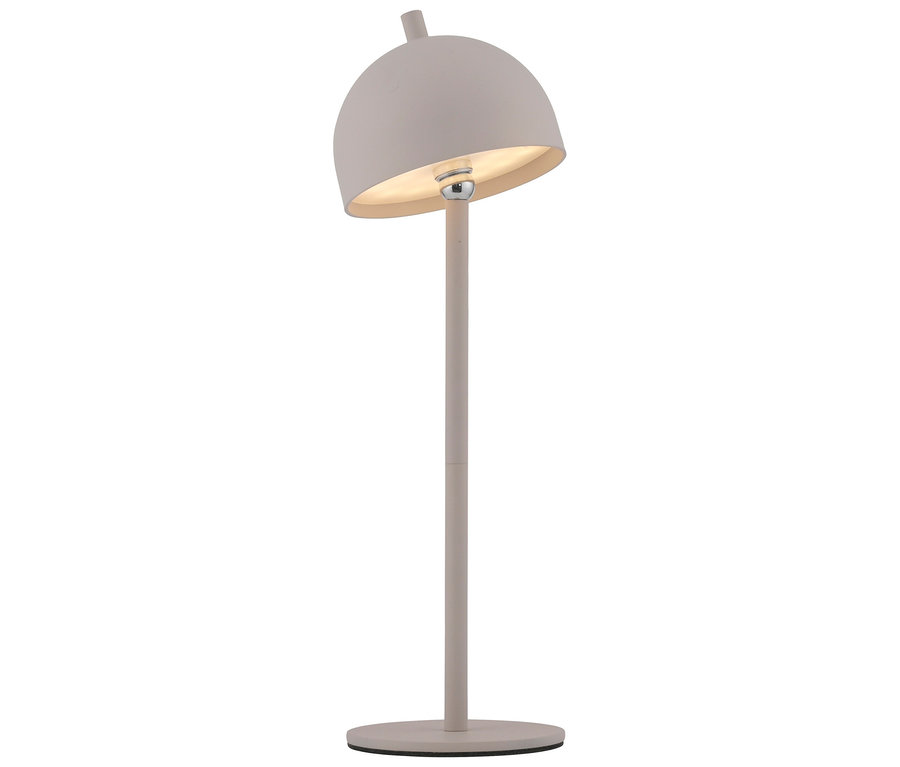 Stehlampe mit rundem Schirm und schlankem Fuß.