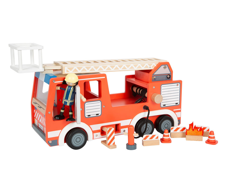 Holzfeuerwehrauto mit Feuerwehrmannfigur, Leiter und Hütchen.