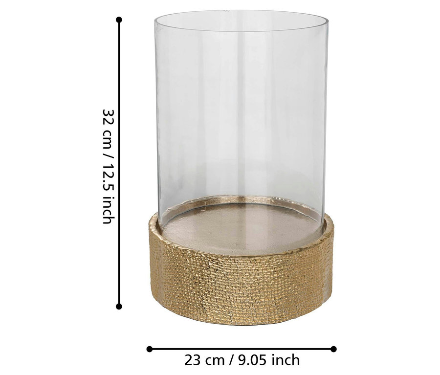 Eglo Kanmaw Windlicht, groß, aus Glas mit goldenem Sockel.