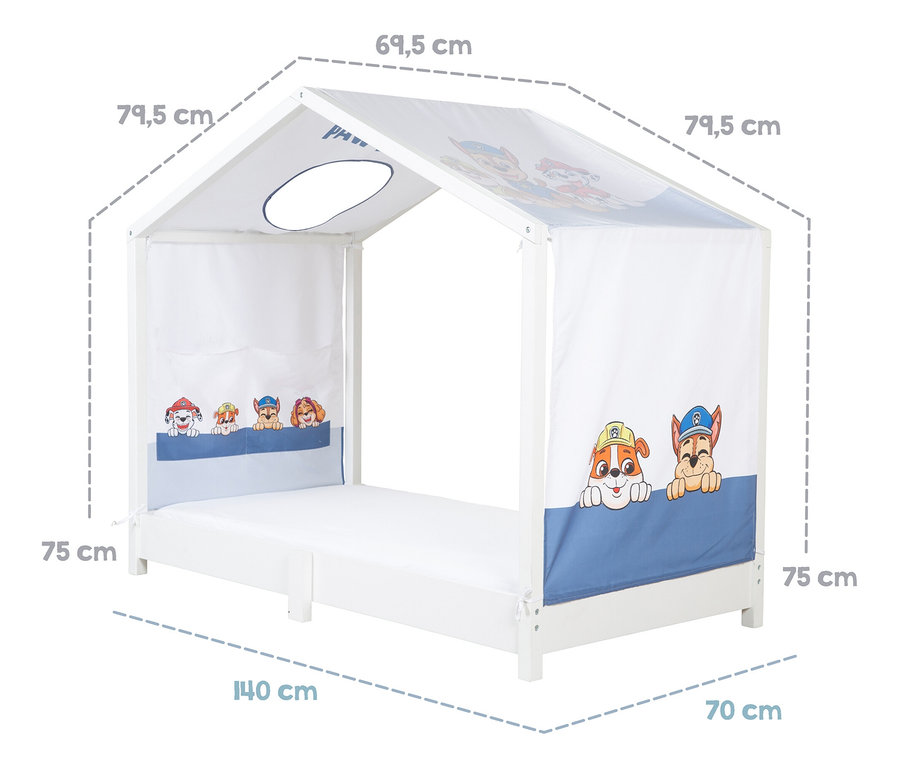Weißes Kinderbett im Hausstil mit Paw Patrol-Motiven und Größenangaben.
